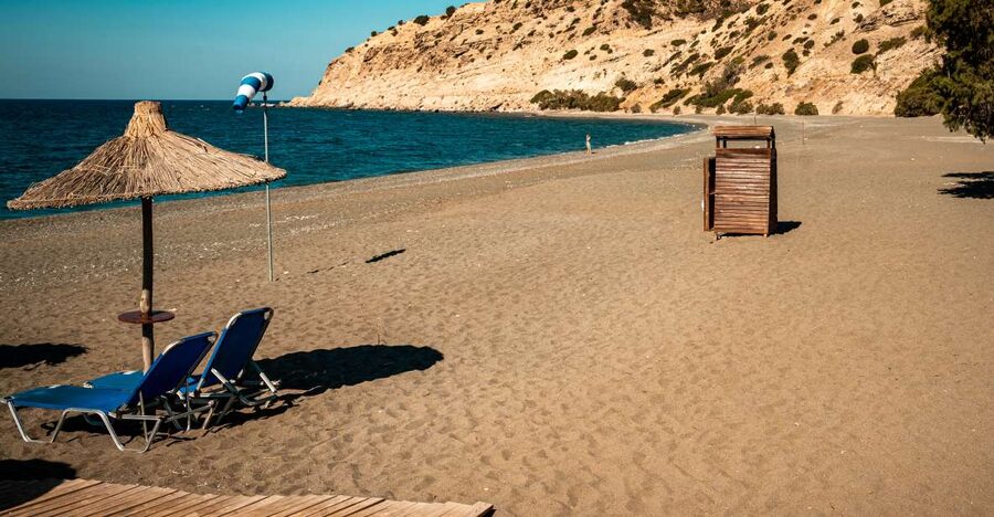 From Heraklion: Kritsa & Myrtos Villages East & South Crete - Myrtos Beach near Ierapetra: gray sand, clear water, and tavernas